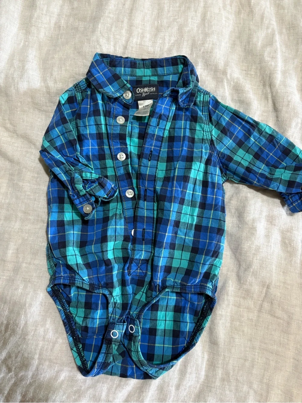 12 month OshKosh B'gosh Blue and Teal Plaid Button-Up Bodysuit